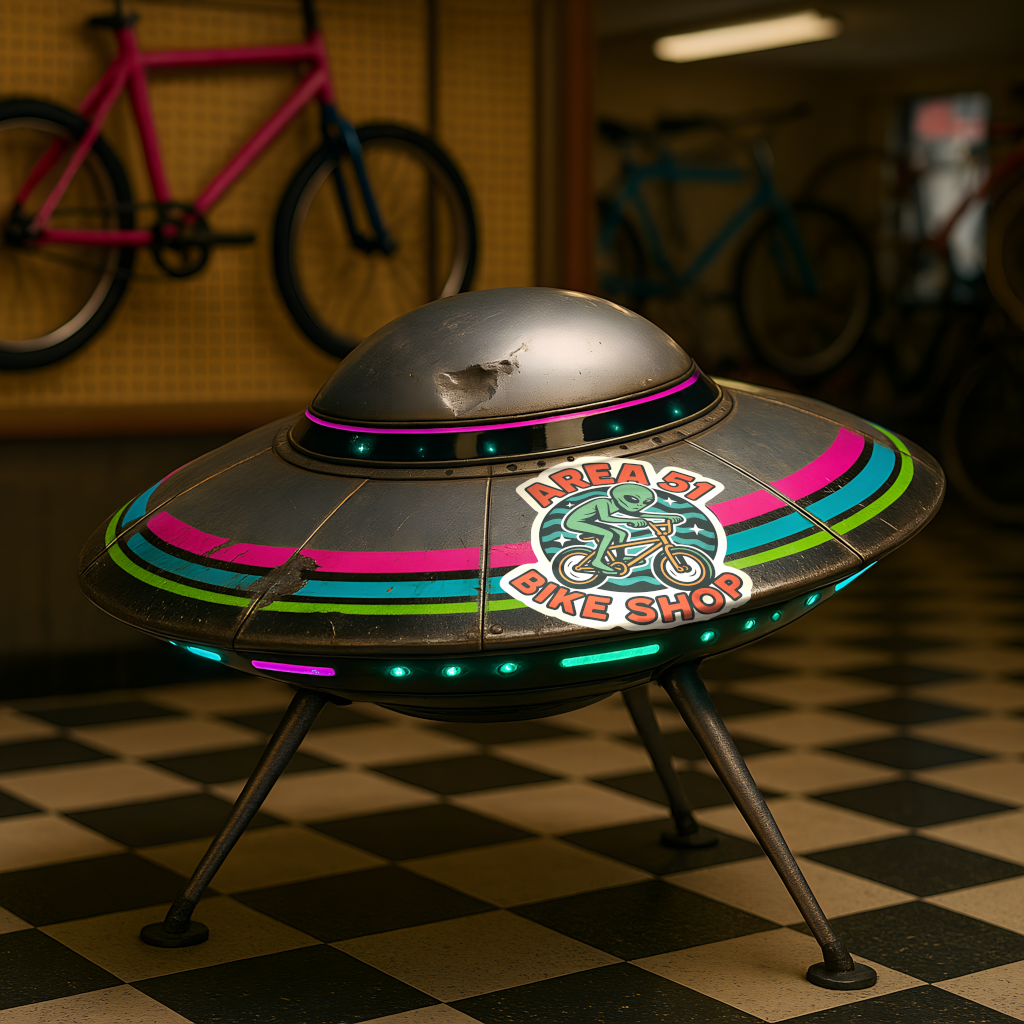 Area 51 Bike Shop hero image with UFO and bikes